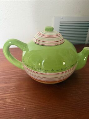 Green Striped Ceramic Teapot with Inspirational Script Accent